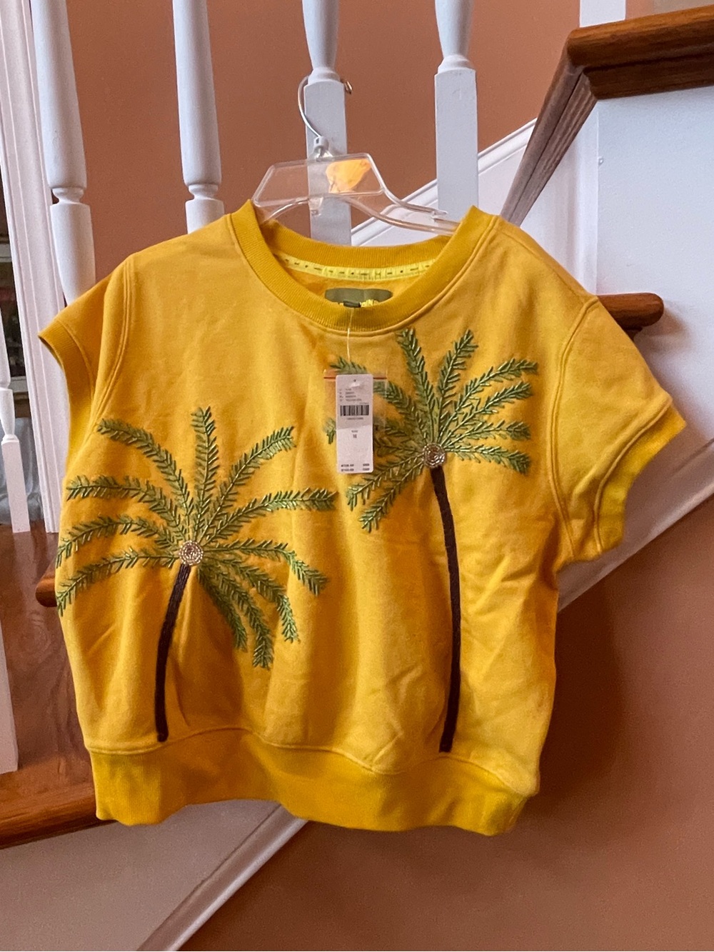 Anthropologie NWT Sz M  highly rated beaded Palm Deco Crop Fleece T-shirt - Picture 11 of 12